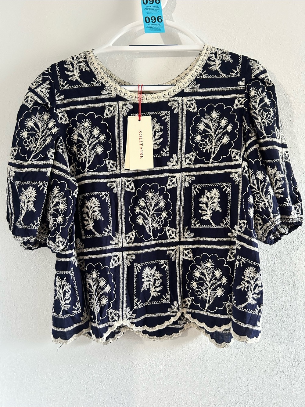 Solitaire Navy Top with Cream Floral Embroidery